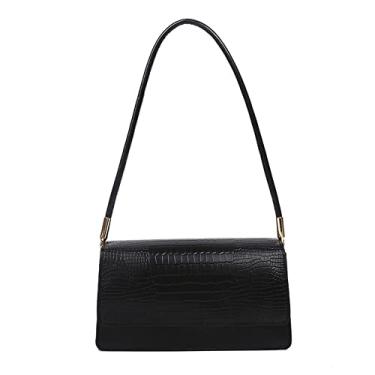 Imagem de Bolsa de ombro feminina de couro com aba, pequena, bolsa de axila, moderna, clássica, elegante, bolsa de noite, Preto