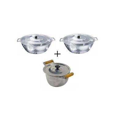 Imagem de Jogo 02 Tacho Alça Alumínio + Caldeirão Alça Madeira Polidos