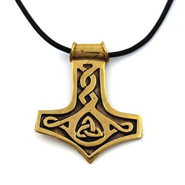 Imagem de LynnAround Colar com pingente de bronze celta viking Odin Axehead Thors martelo Mjolnir joia nórdica cordão de couro 18-32