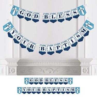 Imagem de Big Dot of Happiness Baptism Blue Elegant Cross - Boy Religious Party Bunting Banner - Party Decorations - God Bless Your Baptism