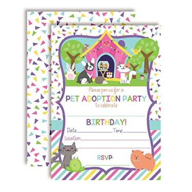 Imagem de Convites de festa de aniversário temáticos de adoção de animais de pelúcia para crianças, 20 cartões de 12,7 cm x 17,7 cm com vinte envelopes brancos da AmandaCreation