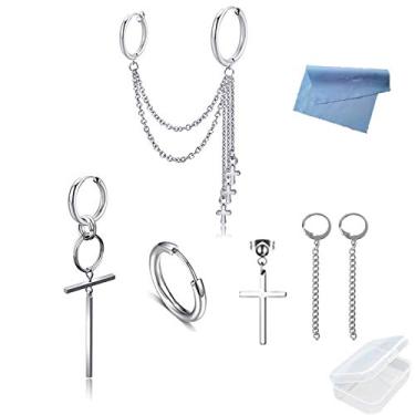 Imagem de XHBTS Brincos de pressão circular, tubo de aço inoxidável, 6 peças de hip hop, corrente de borla, brincos de argola e cruz para mulheres e homens, com mini pano e mini caixa, Aço inoxidável, Aço inoxidável