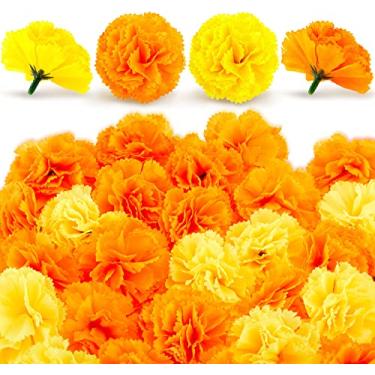Imagem de Giegxin 60 peças de flores de calêndula artificiais de calêndula cabeças de guirlanda de flores de seda falsas laranja amarelas decoração de halloween morto para festa mexicana cinco de maio festa de casamento