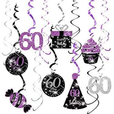 Imagem de Decorações de aniversário de 60 anos para mulheres roxo preto prata 60 anos festa de aniversário pendurado decorações de teto – Decoração de festa de aniversário de 60 anos feminina roxa