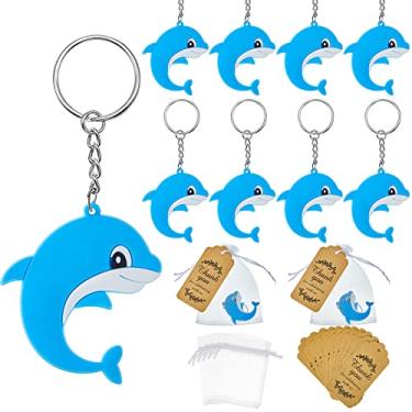 Imagem de 30 conjuntos de chaveiros golfinho lembrancinhas de festa conjunto de chaveiros de golfinho com 30 chaveiros de golfinho para crianças 30 sacos de organza 30 etiquetas de agradecimento Kraft para festa de aniversário de golfinho embaixo do mar suprimentos de festa de aniversário presentes de chá de 