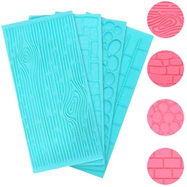 Imagem de 4 peças de kits de moldes de plástico em relevo para gelo da Kurtzy – Design de tijolos, madeira, pedra de cascalho e pedra de pedrinhas para chocolate e gelo – Fácil de limpar – Perfeito para bordas de bolo, cupcakes e biscoitos – Folhas de molde