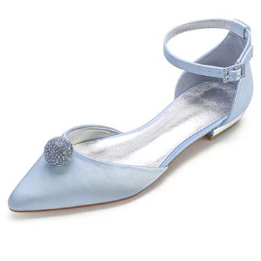 Imagem de Sapatos de casamento para noivas mulheres sapatilhas sapatilhas com fivela de cetim bico redondo sapatos com strass 36-43,Sky blue,7 UK/40 EU