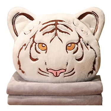 Imagem de Yajun Cobertor de travesseiro de pelúcia portátil estilo chinês tigre almofada macia 3 em 1 aquecedor de mãos escritório lancheira cobertor de ar condicionado, branco, 43 * 40 * 12 cm