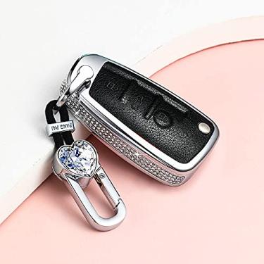 Imagem de YJADHU Suporte de proteção feminino capa de chave de carro capa de chave de couro chaveiro anel, apto para AUDI A1 A4 A3 A6 TT Q3 Q7 S3, preto com chaveiroA
