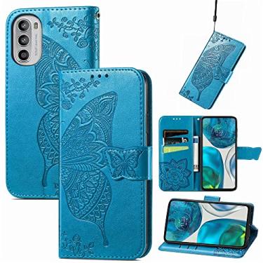 Imagem de Capas de telefone borboleta em relevo compatíveis com Motorola Moto G52 G 52 capa de couro fashion slots para cartão de visita clipe de carteira capa de telefone à prova de choque (azul, Motorola Moto G52)