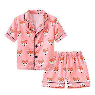 Imagem de Conjunto de pijama de cetim curto para meninos e meninas clássico de seda infantil 2 peças de pijama de manga curta com botões, rosa, 12-24 meses