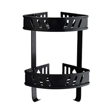 Imagem de KIZQYN Prateleira de banheiro prateleira de canto de metal para banheiro, prateleira de chuveiro de 2 camadas com gancho de toalha montado na parede, prateleiras de parede de banheiro com acabamento preto escovado