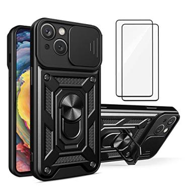 Imagem de Capa iPhone 14 Capinha (2 pedaços de filme temperado Protetora) de Câmera Proteção de Tela Metal KickStand (Preto)