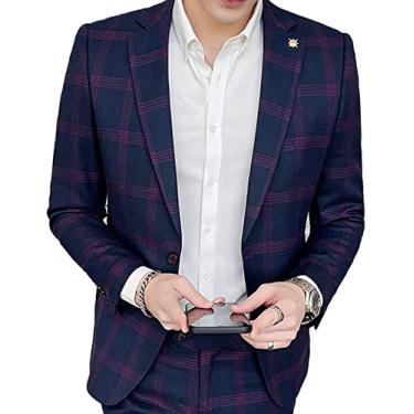 Imagem de Blazer masculino casual para festa casamento cavalheiro xadrez slim terno jaqueta primavera casaco elegante um botão formal roupa de negócios, roxo, GG (busto: 100 cm)