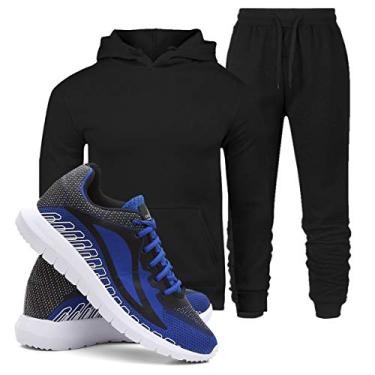 Imagem de Kit Moletom Blusa e Calça Masculino Algodão Conforto + Tenis Masculino SPEED Conforto - Preto/Azul- M/42