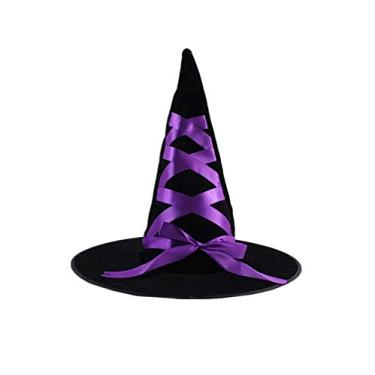Imagem de Chapéu de bruxa infantil Bestgift chapéu de bruxo fantasia de Halloween chapéu de festa preto + roxo