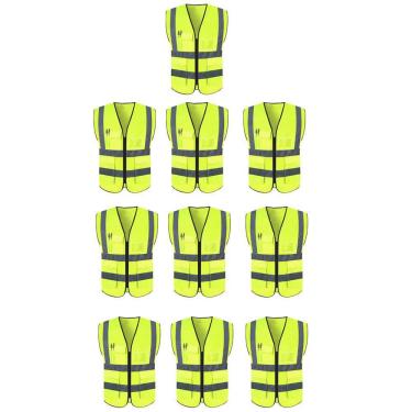 Imagem de Colete Faixa Sinalizador Refletivo Kit 10 Unidades Segurança Trabalho  EPI Transito Obra Fluorescente Bolso Ziper Proteçao