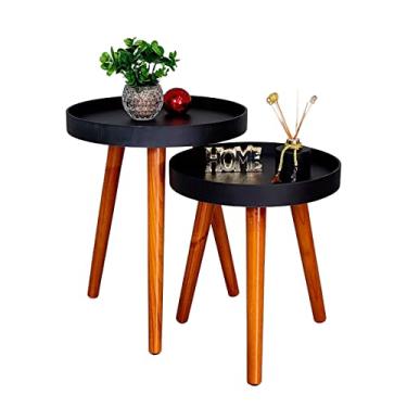 Imagem de Mesa Lateral Apoio Kit Canto Conjunto Retro Pequena Rustico Ambiente Recepção Casa Cor:Tampos Pretos e Pés Madeirados