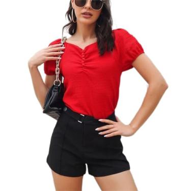Imagem de Camiseta de verão, blusa feminina de manga bufante, decote em V, estampa lisa doce para casa, Vermelho, XXG