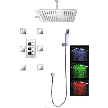Imagem de Cascada Conjunto de chuveiro de banheiro luxuoso com chuveiro de LED de potência de água (montagem centralizada) Rainfall termostático 6 jatos de massagem Spray Body Shower Set (40 cm, ouro rosa)