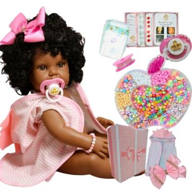 Imagem de Boneca Bebê Reborn Silicone Negra Menina 1000 Peças Miçanga Pode dar Banho Brinquedo Realista