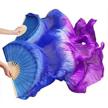 Imagem de Nimiman 1 par feminino (esquerda + direita) de seda para fãs de dança do ventre véu dança do ventre leques dobráveis longos comprimento 180 cm largura 90 cm (azul roxo)
