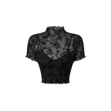 Imagem de OYOANGLE Camiseta feminina plus size floral bordada de malha com acabamento de alface, gola redonda, manga curta, tops de verão, Preto, XXG Plus Size