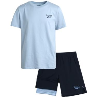 Imagem de Reebok Conjunto de shorts ativos para meninos - camiseta de manga curta de desempenho de 2 peças e shorts de tecido com forro de compressão (8-12), Azul claro, 8