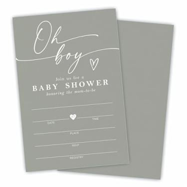 Imagem de DYIRBIIY Oh Boy! 25 Convites de chá de bebê com envelopes - Minimalismo Verde musgo - Convites de estilo de preenchimento para chá de bebê, revelação de gênero, convites de anúncio de bebê,
