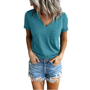 Imagem de PGANDS Camiseta feminina de verão, gola V, manga curta, casual, básica, caimento solto, Azul-petróleo, XXG