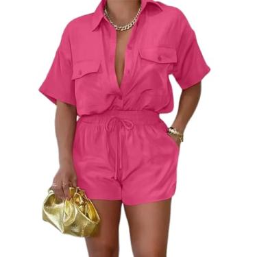 Imagem de Euulin Conjunto de 2 peças para mulheres, camisa de manga curta leve de botão, conjunto de shorts de verão com bolsos, Vermelho rosa, Small