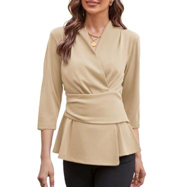 Imagem de GRACE KARIN Blusa feminina peplum 2024 elegante com decote em V e manga 3/4, blusa de trabalho lisa, gravata na cintura, camisas casuais de negócios, Caqui, M