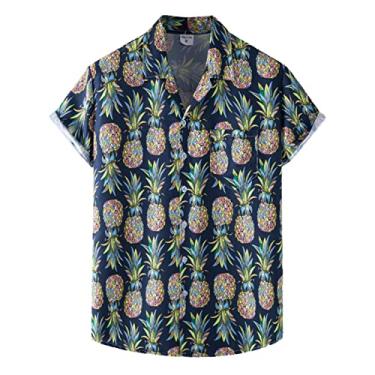 Imagem de Camisa masculina de verão casual para praia, solta, macia, manga curta, bolso com botões, memória, Azul escuro, 3G