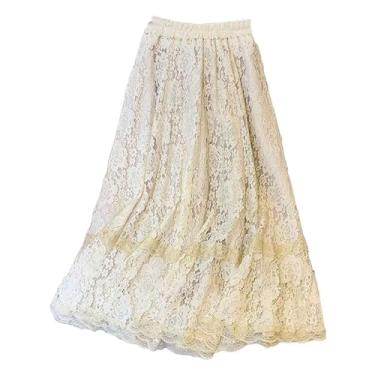 Imagem de Saia swing feminina elegante flor renda patchwork midi saia cintura alta evasê saia casual