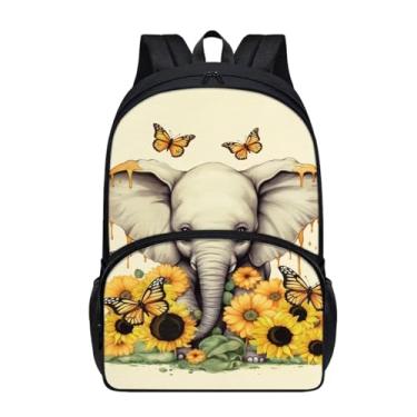 Imagem de Suobstales Mochila para meninas e crianças, grande, mochila casual com alça de ombro e bolso com zíper, Elefante, girassol, borboleta, One Size