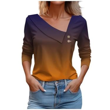 Imagem de Camisetas femininas de verão manga 3/4 comprimento assimétrico gola casual cor sólida túnica gradiente elegante blusa de ajuste solto, Amarelo, M