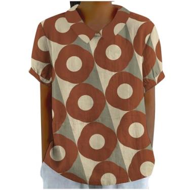 Imagem de PKDong Blusa feminina de linho Peter Pan gola geométrica gola com botão nas costas casual camiseta de verão na moda, Vermelho, 4G