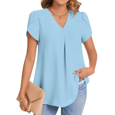 Imagem de COFNEW Blusas femininas de chiffon elegantes de verão, camisetas de manga curta, gola V, túnica para leggings, 2/Azul claro, 3G