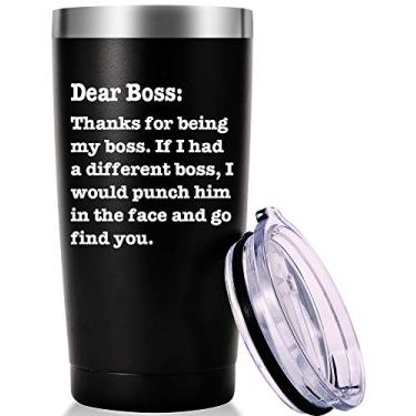 Imagem de AMZUShome Caneca de viagem Thanks For Being My Boss. Presentes de dia do chefe Presentes de escritório. Presentes de aniversário de aposentadoria em movimento para homens mulheres Boss Lady dos