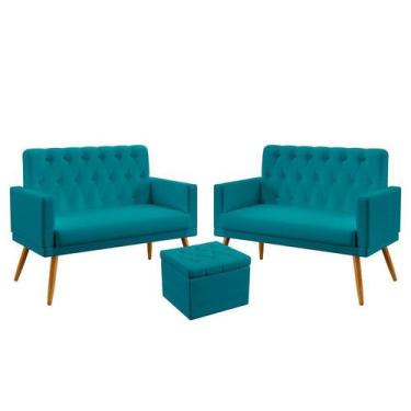 Imagem de Kit 2 Poltronas Namoradeira Estofadas Vega Rodapé e Capitonê com Puff 