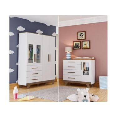 Imagem de Guarda Roupa e cômoda retrô Moveis Peroba 04 portas MDF , Branco Carva