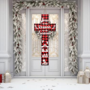 Imagem de Menkxi 60 cm Natal Jesus is the reason placa de porta de madeira Natal presépio cruz porta ornamento cristão cabide guirlanda para decoração de casa de parede de férias