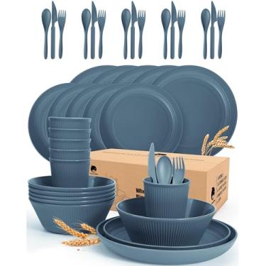 Imagem de Conjunto de 42 pratos e tigelas de cozinha – Conjunto de jantar de plástico OAMCEG para 6, conjunto de louça de palha de trigo, pratos de micro-ondas para dormitório universitário, pratos de plástico