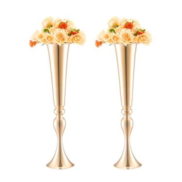 Imagem de VEVOR 2 peças de vaso de flores de casamento de 56 cm de altura, peça central de trompete de casamento de metal, suporte floral dourado para mesas de jantar de casamento, festa de aniversário,