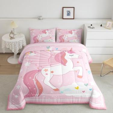 Imagem de Feelyou Conjunto de cama solteiro de unicórnio rosa para crianças, meninas, conjunto de edredom fofo, arco-íris, estrela, amor, coração, 2 peças