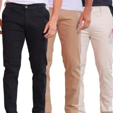 Imagem de Kit 3 Calças de Sarja Preto / Bege e Caqui  Corte Alfaiataria Masculin