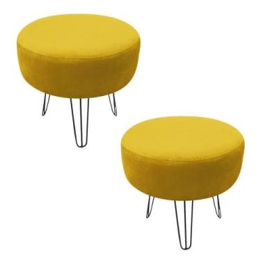 Imagem de Kit 02 Puff Banqueta Rio Redondo Suede Amarelo Pés De Aço Aramado - D'