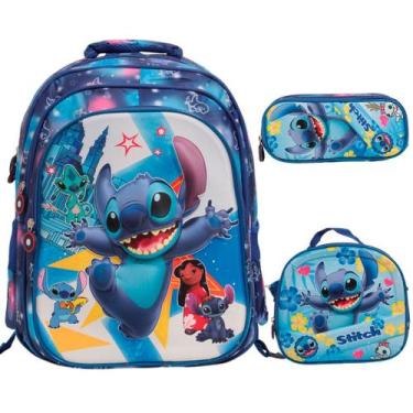 Imagem de Kit Mochila Infantil Costas Stitch 3D Lancheira Estojo - Plike