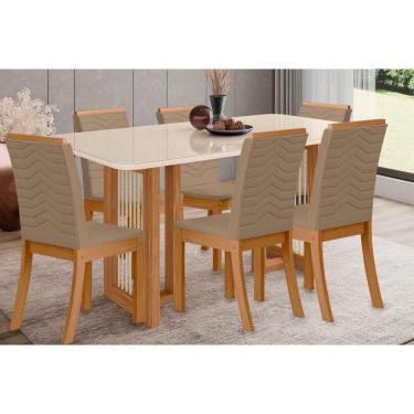 Imagem de Kit 6 Cadeiras de Cozinha Yara SC79 Tampo Madeirado c/ Vidro Canto Curvo 160x90cm e 6 Cadeiras Isa Nature/Suede Light Bege - Henn