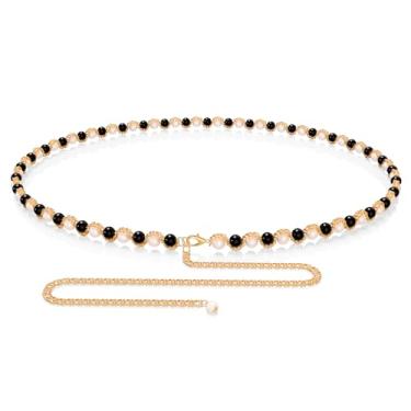 Imagem de Cinto feminino plus size, cor dourada e pérola sintética preta, corrente extralonga para o corpo, corrente grossa ajustável de 150 a 192 cm (3GG, branco preto), XXX-Large, Liga de alumínio, Sem Pedra